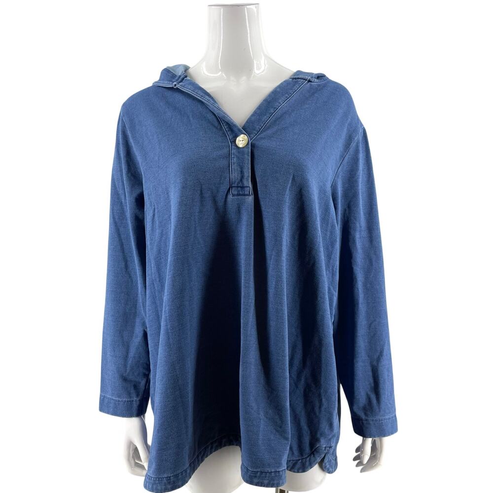 J Jill Pure Womens Tunic Sweatshirt Top Size XL Indigo Blue Hooded Button Neck